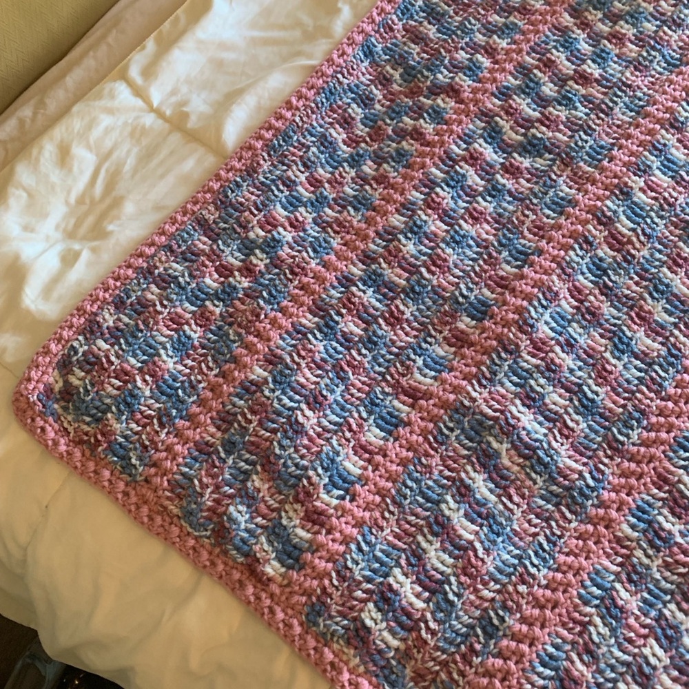 Crocheted Blanket Pinks and Blues Expertly Handmade Clean From Cleaners 60”x49”